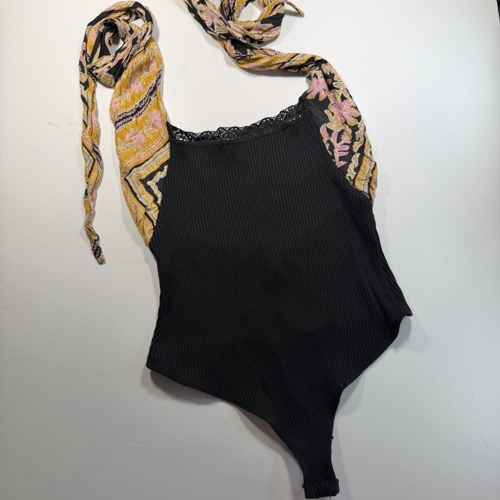 Free People Intimately Black Ribbed Bodysuit Halter L Colorful Print Fabric